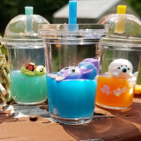 3 Kawaii Keychains! NEW Boba Baby Liquid Keychain Fidget Toys Turtle Seal Bunny - Picture 2 of 5